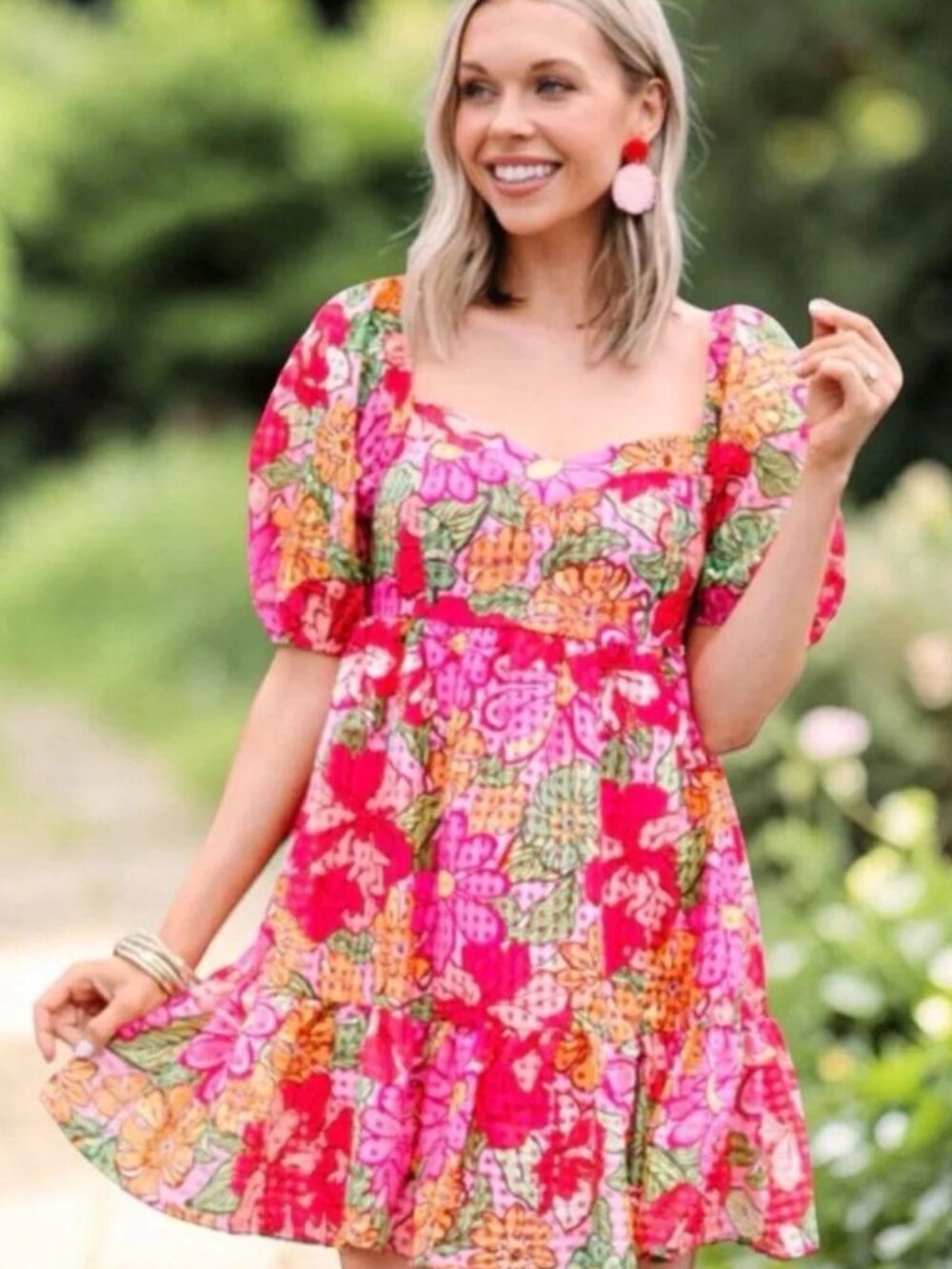 Flying Tomoato NWT Pink/Fushia Puff Sleeve, Smock Back Dress Size Large.